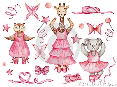 Watercolor illustration of hand painted grey koala bear, brown giraffe and owl bird. Girls in dance studio in pink dresses, ballet Cartoon Illustration