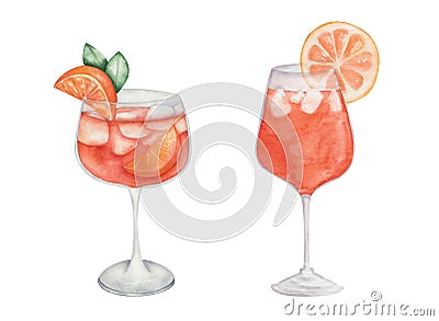 Watercolor illustration of hand painted orange cocktail in glass with slice of orange fruit, green leaves, cubical ice. Isolated Cartoon Illustration