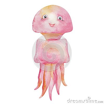 Watercolor illustration of hand painted pink jellyfish. Cartoon character fish with face, smile. Sea animal creature, ocean life Cartoon Illustration