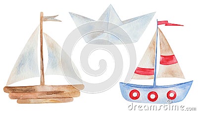 Watercolor illustration of hand painted sailing vessel wooden, blue, beige and red with sails and flag. Folded origami paper ship Cartoon Illustration