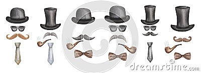 Watercolor illustration. Hand painted set of gentlemen. Men silhouettes from glasses, moustaches, black bowler, top hat, bow tie Cartoon Illustration