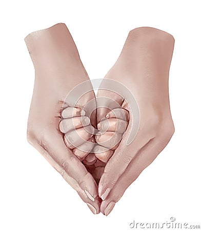 Watercolor illustration of hands of mother and child in the form of a heart. Cartoon Illustration