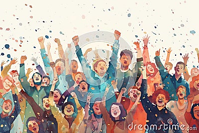 Watercolor illustration of a Happy crowd people rising up. Generative Ai. Concert, festival, music and party concept Cartoon Illustration