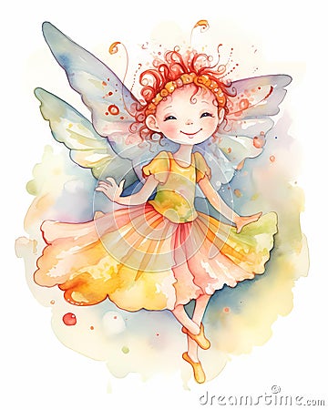 Happy smiling fairy portrait, watercolor illustration, bright sunny colors Cartoon Illustration