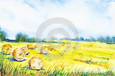 Watercolor illustration of a haystack. In the foreground yellow spikelets of grass in the background green forest Cartoon Illustration