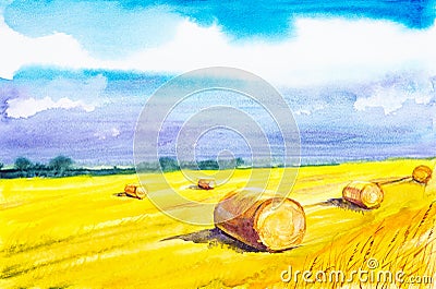 Watercolor illustration of a haystack. In the foreground yellow spikelets of grass in the background green forest Cartoon Illustration