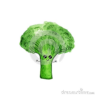 Watercolor illustration heppy green broccoly Cartoon Illustration