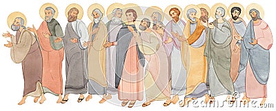 Watercolor illustration of holy people, apostles. A meeting, a course for prayer, service to God. For the design of publications, Cartoon Illustration