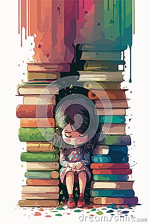 Watercolor illustration. Home education, lessons, a bright girl hiding in books Cartoon Illustration