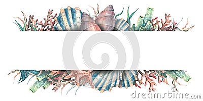 Watercolor illustration of a horizontal banner with shells, corals, seahorse, starfish, algae. For the design and Cartoon Illustration