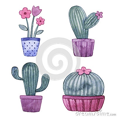 Watercolor illustration with houseplants Cartoon Illustration