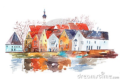 Watercolor illustration of houses with traditional European architectural features. Cartoon Illustration