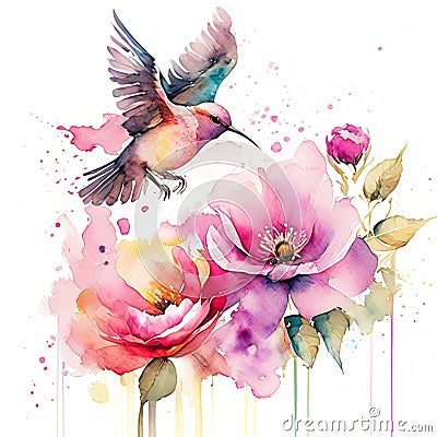 Watercolor illustration of a hummingbird flying over a pink rose. Generative AI Cartoon Illustration