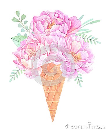 Watercolor illustration. Ice cream with Floral elements. Bouquet Cartoon Illustration