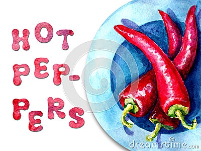 Watercolor illustration with the image of peppers. Concept for farmers market, natural products, vegetarianism, natural Cartoon Illustration