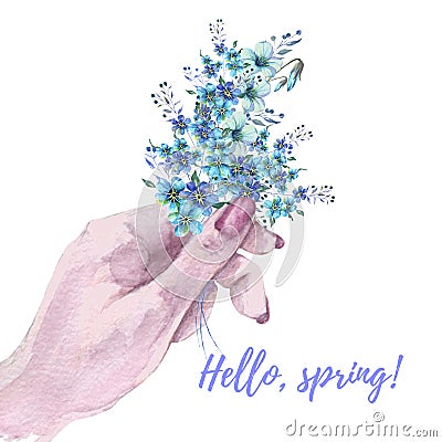 Watercolor illustration with isolated hand holding a bouquet blue forget-me-nots flowers on a white background Cartoon Illustration