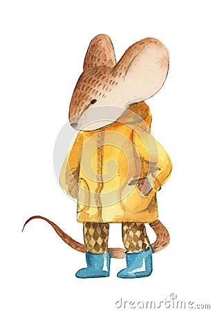 A little gray mouse in yellow coat and blue boots Cartoon Illustration