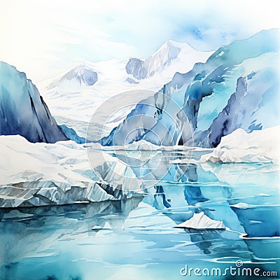 Watercolor Illustration Of Jackson Glacier In Arctic Landscape Cartoon Illustration