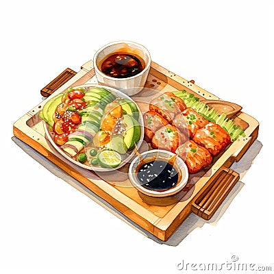 Watercolor illustration of japanese food. Sushi roll with salmon, avocado, cucumber, wasabi and soy sauce Cartoon Illustration