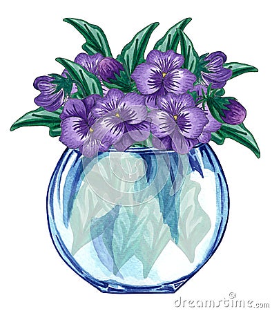 Watercolor illustration of jar with bouquet of violet flowers. Spring wildflowers bouquet Cartoon Illustration