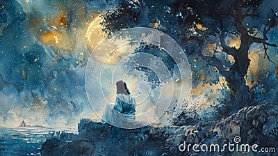 Watercolor illustration of Jesus Christ in prayer in the Garden of Gethsemane, under a moonlit sky the night before Cartoon Illustration