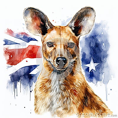 Watercolor illustration kangaroo and Australian flag on Australia National Day Cartoon Illustration