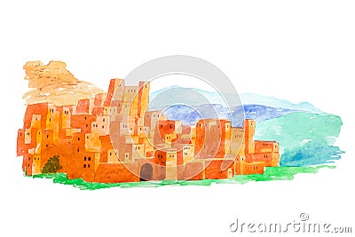 Watercolor illustration Kasbah Ait Ben Haddou in the Atlas mountains of Morocco Cartoon Illustration