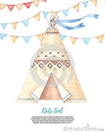 Watercolor illustration - Kids tent with garlands. Baby shower p Cartoon Illustration