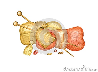 Watercolor illustration, knitting needles, beads, yarn, buttons, knitted yarn, ball, knitting threads, skein of thread Cartoon Illustration