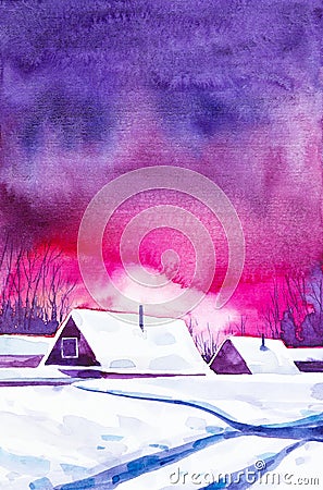 Watercolor illustration of landscape. Bright winter sunset in the village among the trees Cartoon Illustration