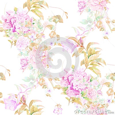 Watercolor illustration of leaf and flowers, seamless pattern Cartoon Illustration