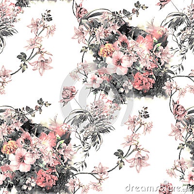 Watercolor illustration of leaf and flowers, seamless pattern Cartoon Illustration