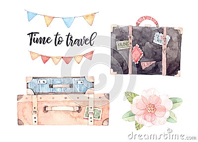 Watercolor illustration - Let`s go travel. Fashion suitcases wit Cartoon Illustration