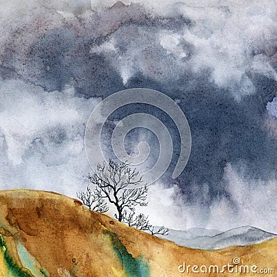 Watercolor lifeless landscape with dark stormy clouds and dry trees Cartoon Illustration