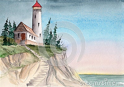 Watercolor illustration of a lighthouse on a high cliff Cartoon Illustration