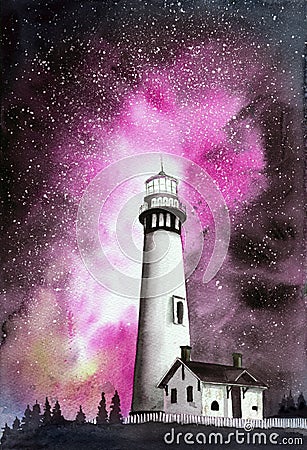 Watercolor illustration of a lighthouse on the hill under the starry sky Cartoon Illustration