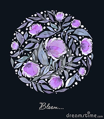 Watercolor illustration with lilac floral circle. Stock Photo