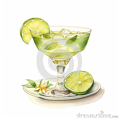Exotic Watercolor Illustration Of A Lime Drink On A Saucer Cartoon Illustration