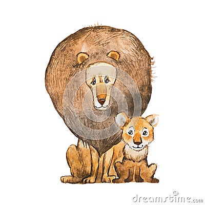 Watercolor illustration of lion and the cub sitting together looking at each other. Idea for father s day card. Cartoon Illustration