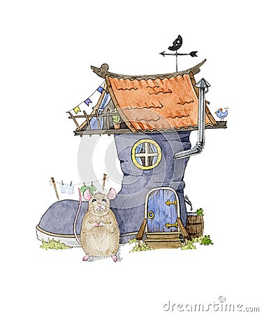 Watercolor illustration of a little funny mouse and house from the shoe isolated on white background. Cartoon drawing funny animal Cartoon Illustration