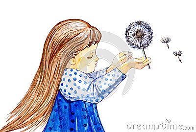 Watercolor illustration of a little girl with a dandelion in her hand. Isolated on white background Cartoon Illustration