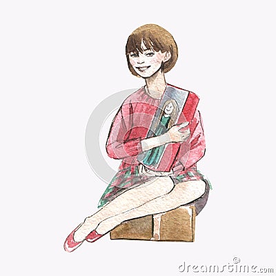 Watercolor illustration of a little girl with a doll in present box on white background Cartoon Illustration