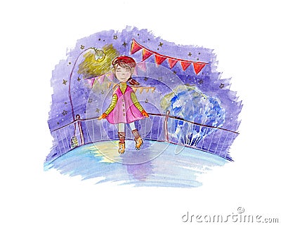 Watercolor illustration about little girl skating at a ice rink on the winter night landscapes. Cartoon Illustration