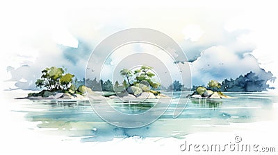 Watercolor Illustration Of A Lively Island Near A Lake Stock Photo