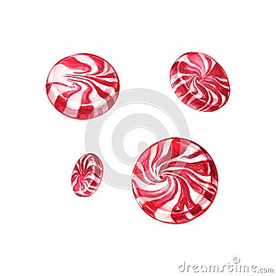 Watercolor illustration of lollipops, candies. Christmas sweets. Candy with red and white stripes. Colorful festive sweet candy. Cartoon Illustration