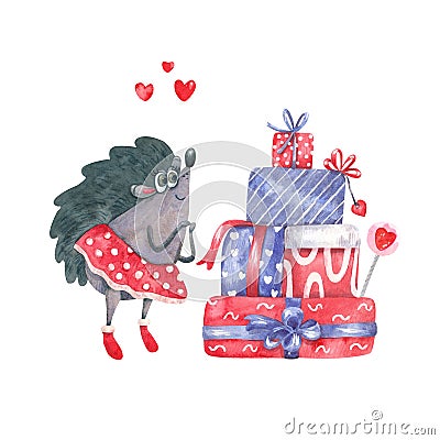 Watercolor illustration of a lovely hedgehog with a pile of gift boxes. Cartoon Illustration
