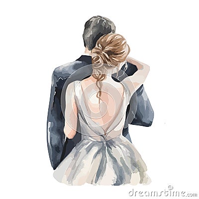 Watercolor illustration of a loving couple of newlyweds bride and groom. Vector Illustration