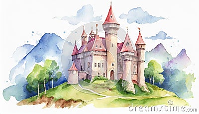 Watercolor illustration of magic castle on hill, forest and mountains, natural landscape scenery. Fairy tale building Cartoon Illustration