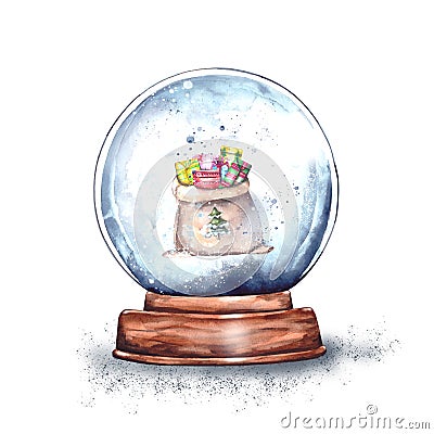 Watercolor illustration.magic Christmas glass snow globe on a wooden stand with a bag full of gifts inside Cartoon Illustration