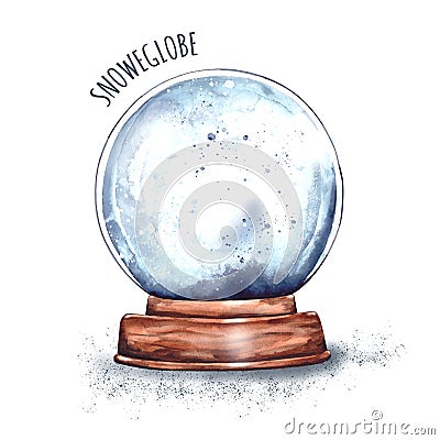 Watercolor illustration of a Magic Christmas glass snow globe on a wooden stand.New year's surprise, Santa Claus gift, snow Cartoon Illustration